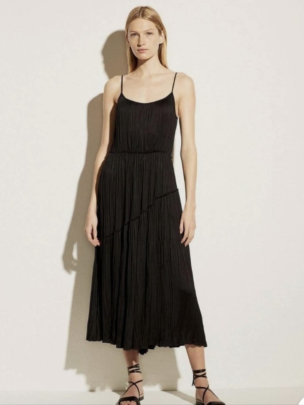 Vince Scoop Neck Tiered Pleated Black Midi Dress